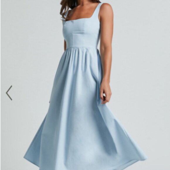 Showpo KHARI MIDI DRESS - LINEN LOOK SQUARE A LINE DRESS IN BLUE - Picture 1 of 2